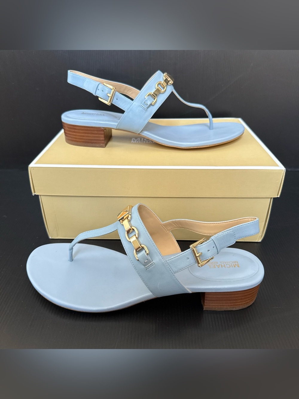 NIB Michael Kors Pale Blue Charlton Leather Buckle Sandal Shoe Women’s Size 10